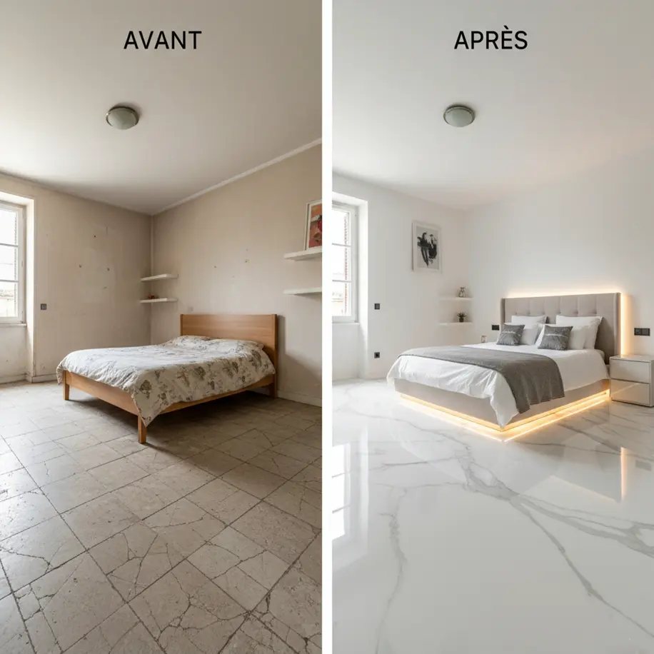 Avant après rénovation de chambre avec sol en résine effet marbre et éclairage LED décoratif