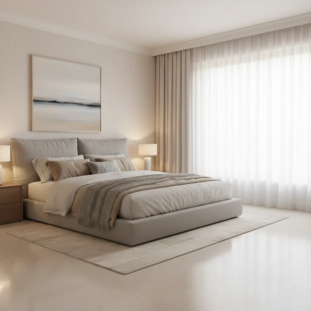 chambre moderne avec sol en résine époxy clair, ambiance chaleureuse et contemporaine