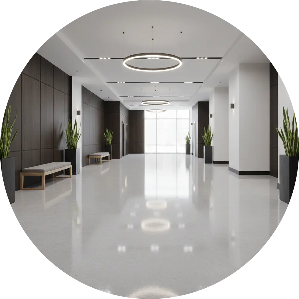 hall ou espace commun de copropriété avec sol en résine époxy brillant et moderne, services résine époxy pour copropriétés dans le 06