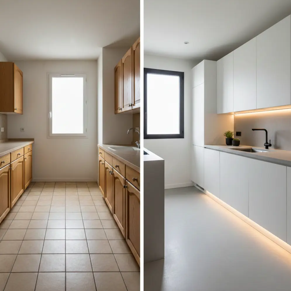 Avant après rénovation d'une cuisine avec sol en résine époxy décorative moderne à Nice