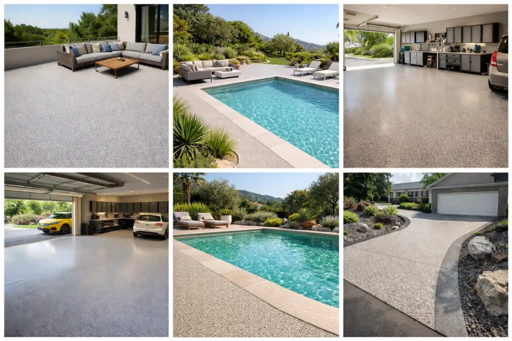 Galerie de sols en résine époxy extérieure dans les Alpes-Maritimes, terrasses, plage de piscine, garages et chemins de voiture, résistant aux intempéries.