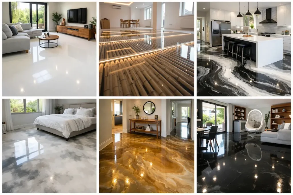 Galerie de sols en résine époxy chez des particuliers dans les Alpes-Maritimes, styles variés, pièces lumineuses, salons, chambres et cuisines