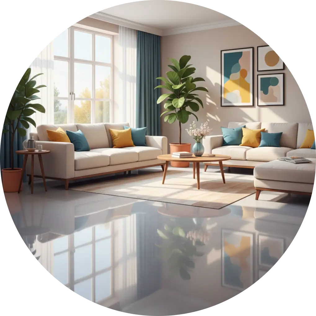 intérieur appartement résidentiel avec sol en résine époxy brillant, moderne et chaleureux, services résine/époxy pour particuliers dans le 06