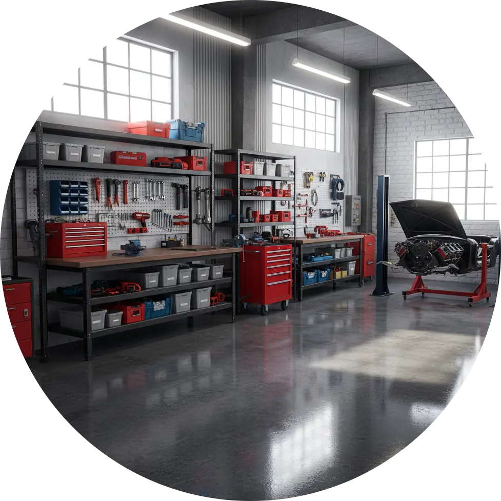 atelier ou garage professionnel avec sol en résine époxy brillant et moderne, services résine/époxy pour professionnels dans le 06