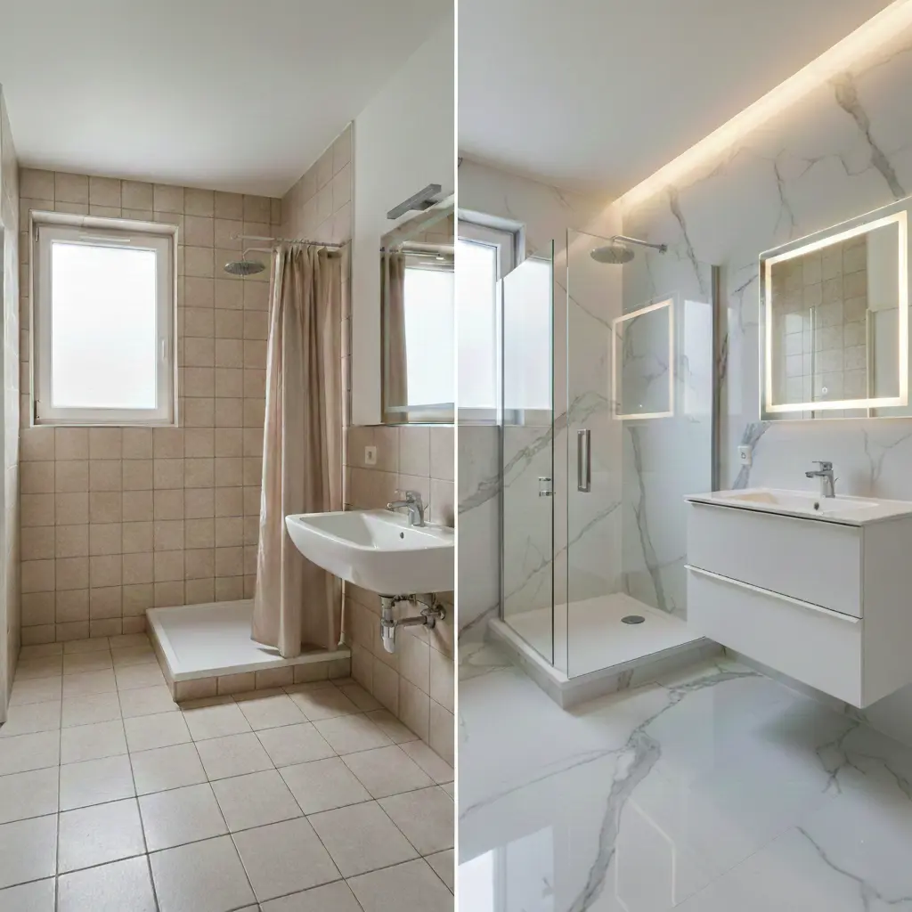Avant après rénovation d'une salle de bain avec sol et murs en résine epoxy effet marbre