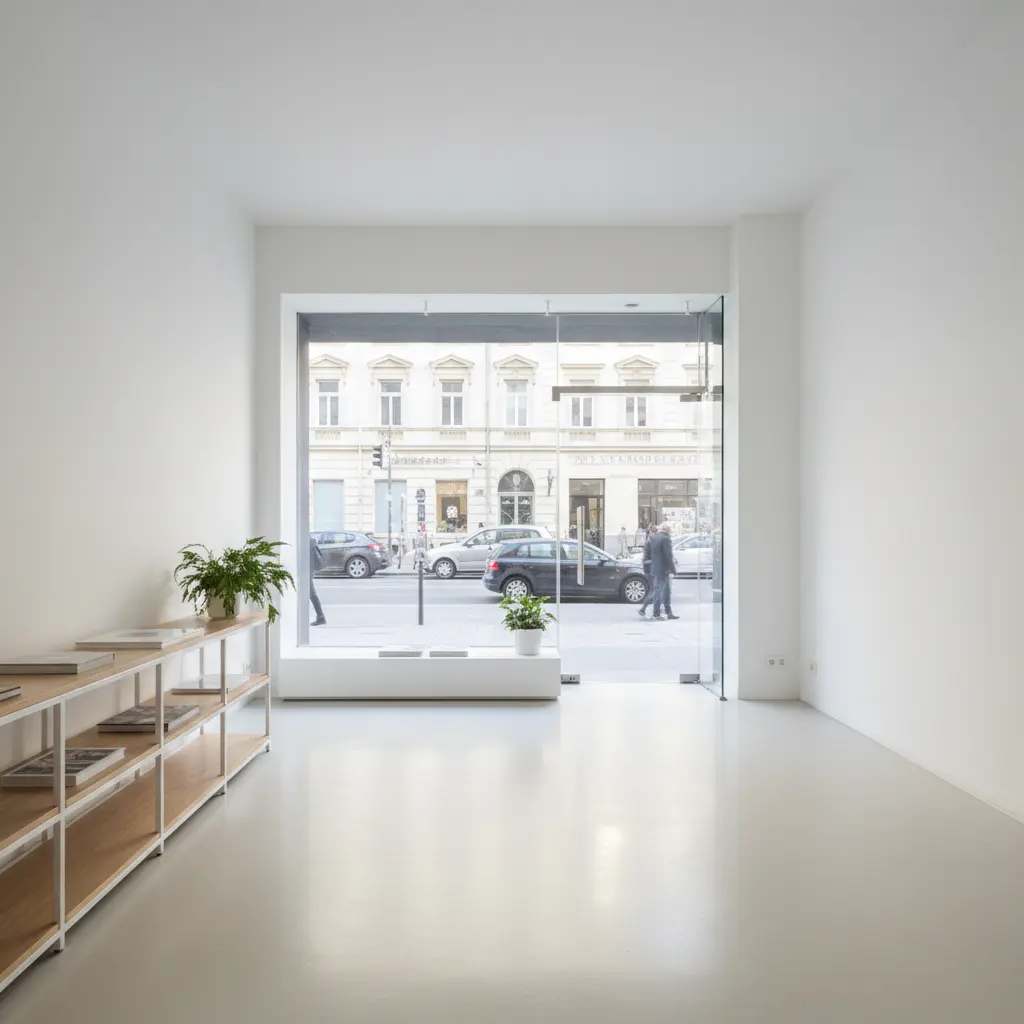 Boutique lumineuse épurée avec un sol en résine blanche sans joint facilitant l'entretien Nice 06 Alpes-Maritimes