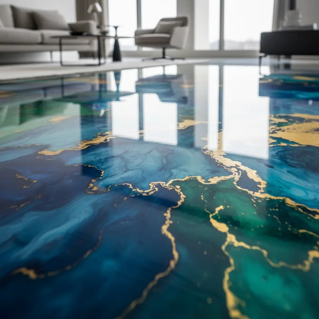 Détail d'un sol en résine époxy aux finitions marbrées bleu turquoise et vert émeraude avec reflets brillants Nice 06 Alpes-Maritimes