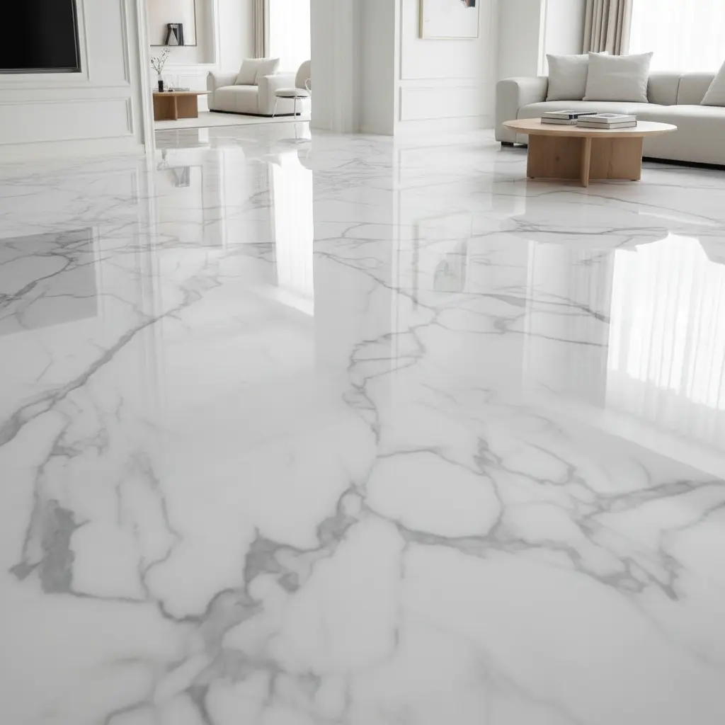 Salon de luxe avec un sol en résine époxy blanche imitant parfaitement le marbre avec des veines grises Nice 06 Alpes-Maritimes