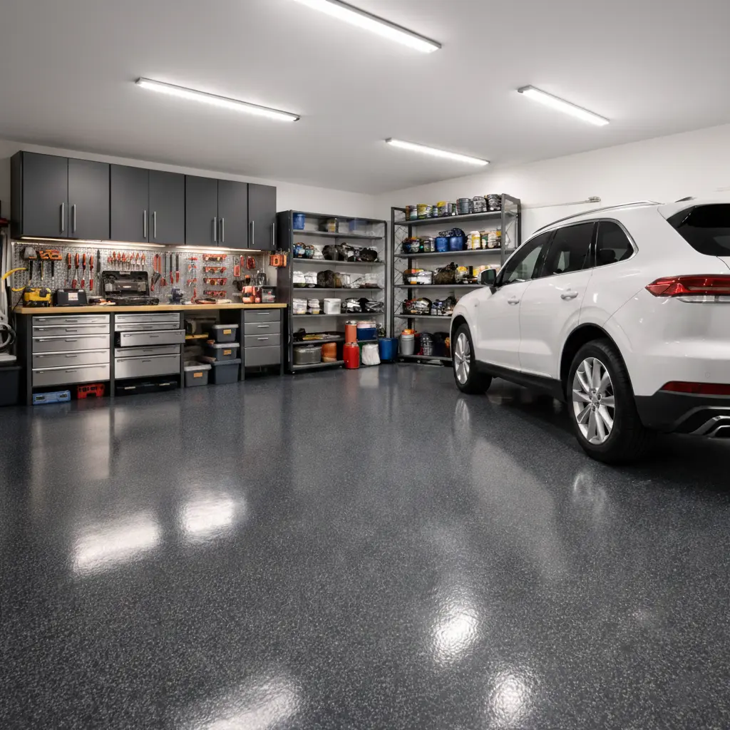 Garage de maison avec sol en résine époxy grise antidérapante et rangements muraux organisés Nice 06 Alpes-Maritimes