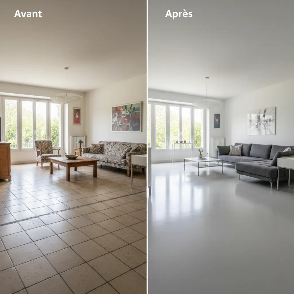 Avant après sol en époxy dans un séjour de maison individuelle, rénovation de sol intérieur pour particulier