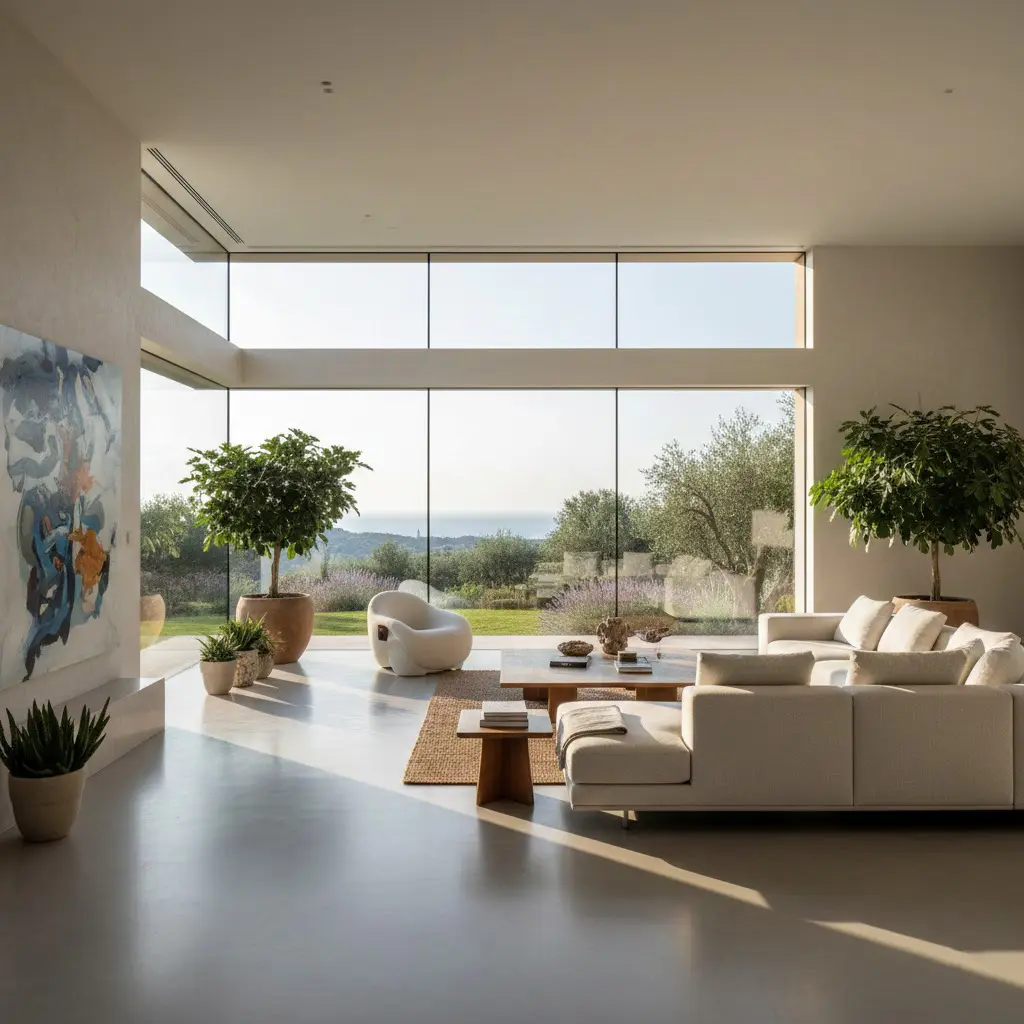 Grande villa contemporaine avec sol en résine époxy grise mate offrant un aspect béton ciré continu Nice 06 Alpes-Maritimes