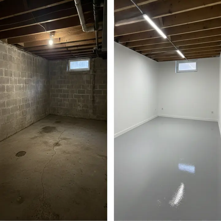 Avant après sol en résine époxy dans une cave de maison individuelle, rénovation de sol intérieur résistant à l’humidité
