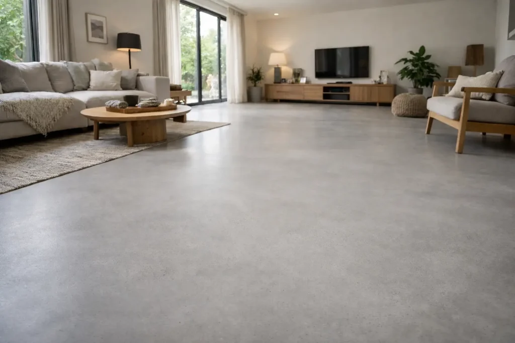 Salon moderne avec sol en résine epoxy gris clair dans les Alpes-Maritimes (06), lumière naturelle, mobilier minimaliste, idéal pour particuliers, professionnels et copropriétés à Nice