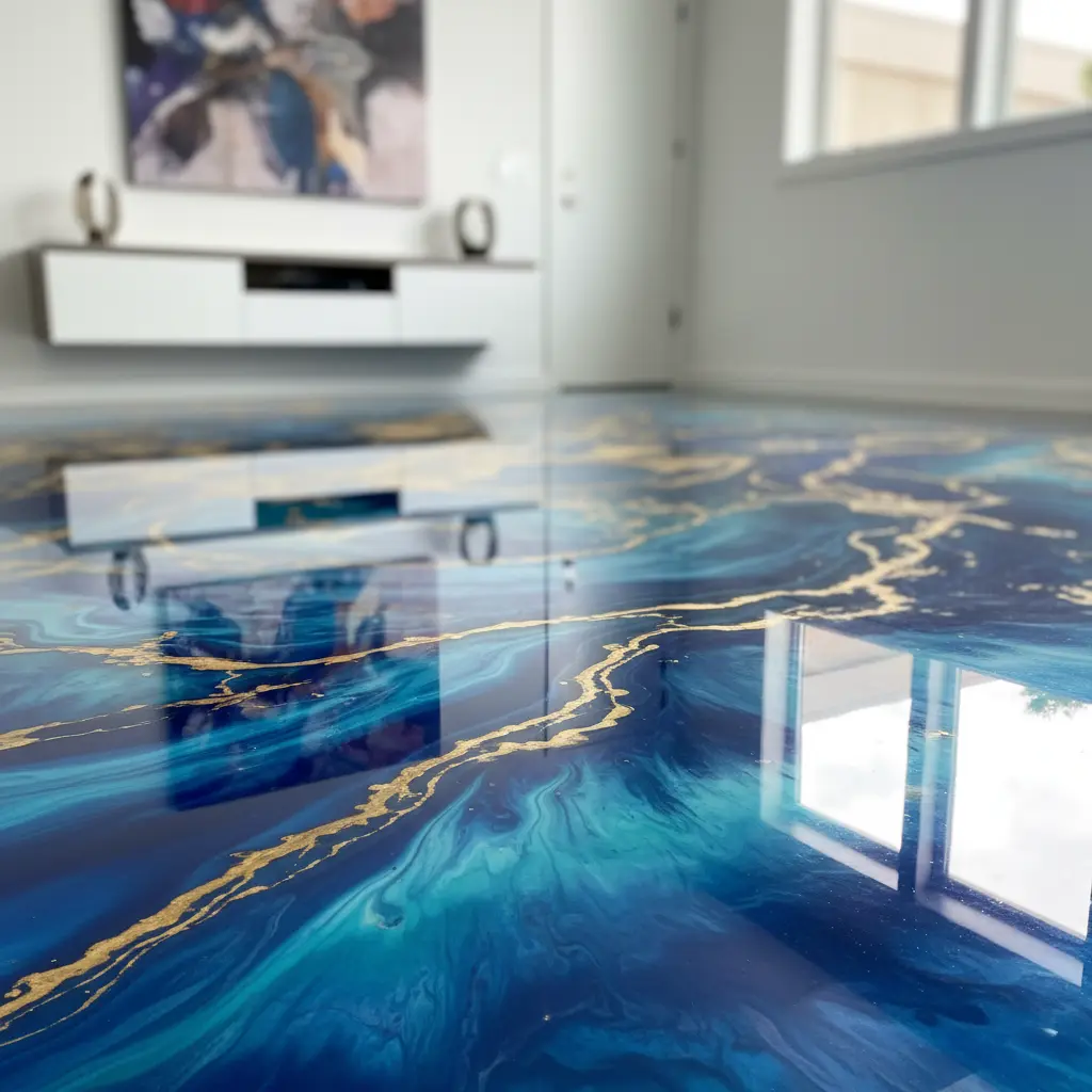 Zoom sur un sol en résine époxy décorative avec des effets de vagues bleu océan et des pigments dorés Nice 06 Alpes-Maritimes