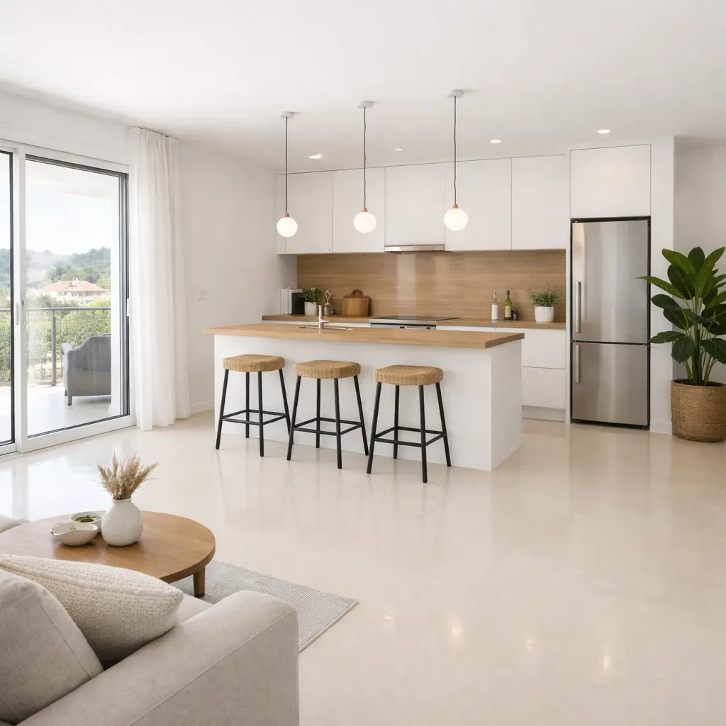 Cuisine ouverte avec îlot central et sol en résine époxy beige clair uniforme et brillant à Nice 06