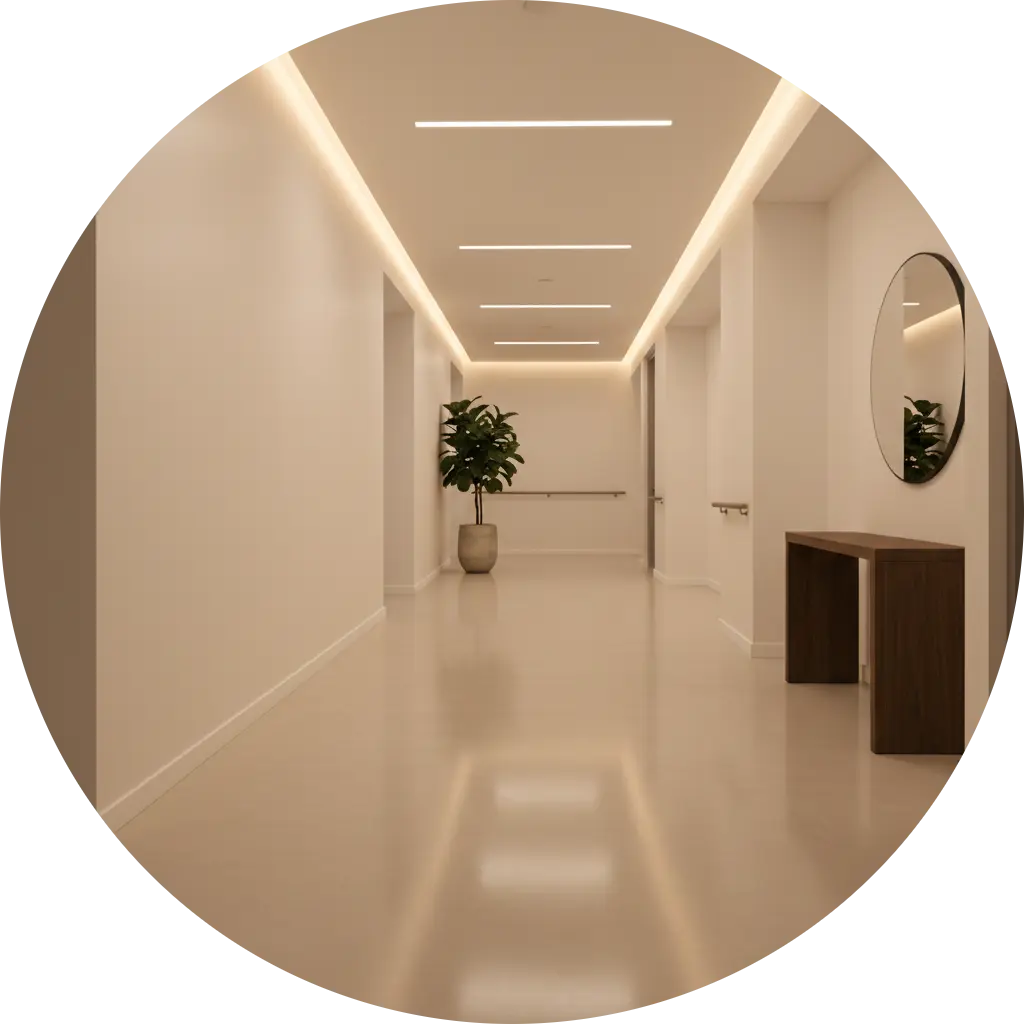 Couloir moderne de copropriété et hotel à Cannes avec un sol en résine époxy beige clair sans joint, murs blancs, éclairage LED encastré et décoration épurée.