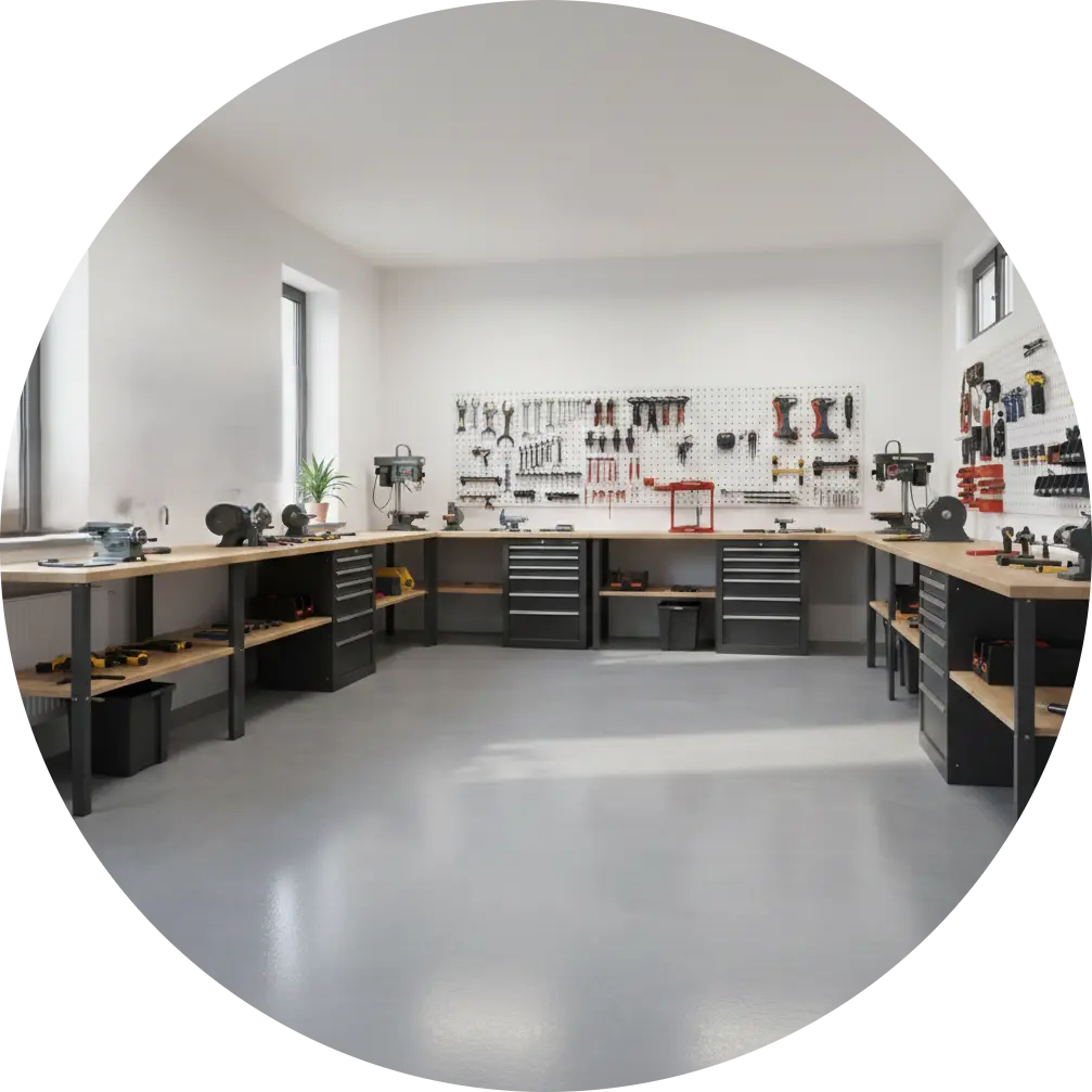 Intérieur d'un atelier mécanique à Nice organisé avec un sol en résine époxy gris mat, des établis en bois et des panneaux de rangement d'outils muraux sous une lumière naturelle.