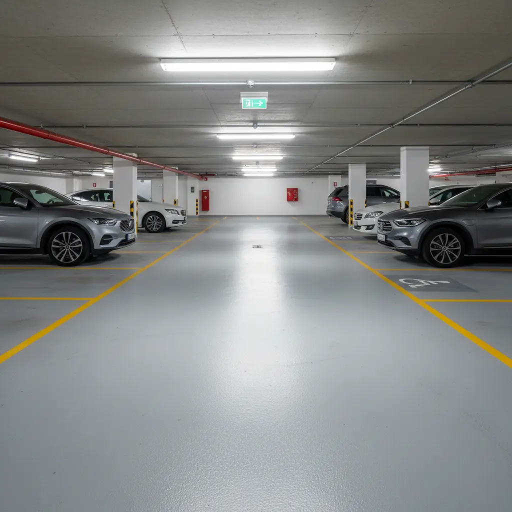 Parking souterrain de copropriété propre avec sol en résine époxy grise, marquage au sol jaune et éclairage LED professionnel Nice 06 Alpes-Maritimes