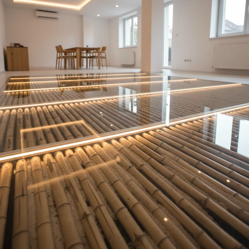 Gros plan sur un sol artistique en résine époxy transparente incluant des tiges de bambou, du sable fin et des rubans LED lumineux pour intérieur moderne Nice 06 Alpes-Maritimes