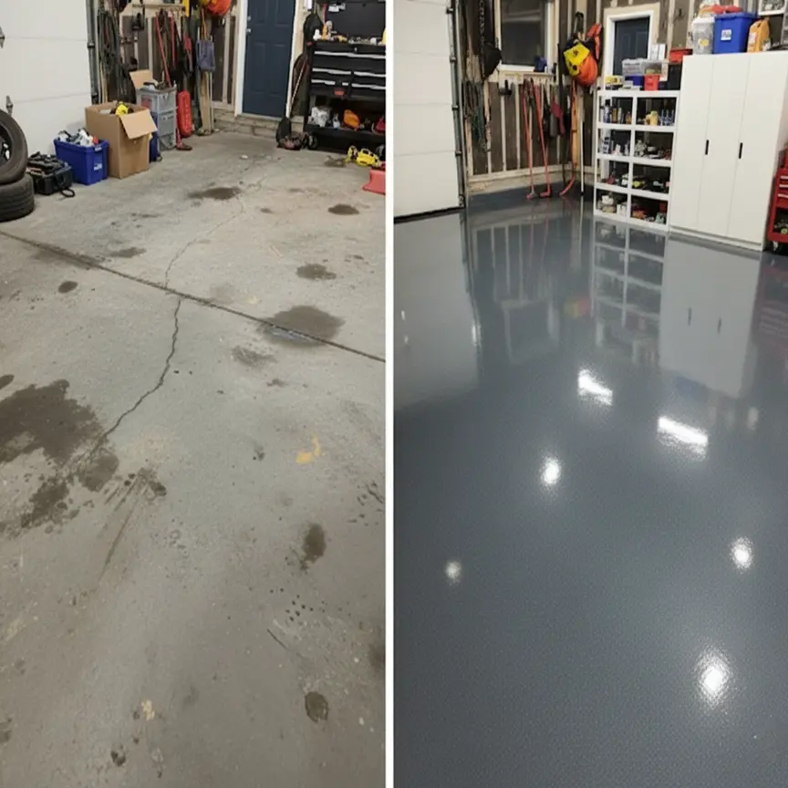 Avant après sol en résine époxy dans un garage de particulier à Cannes, rénovation de sol résistant