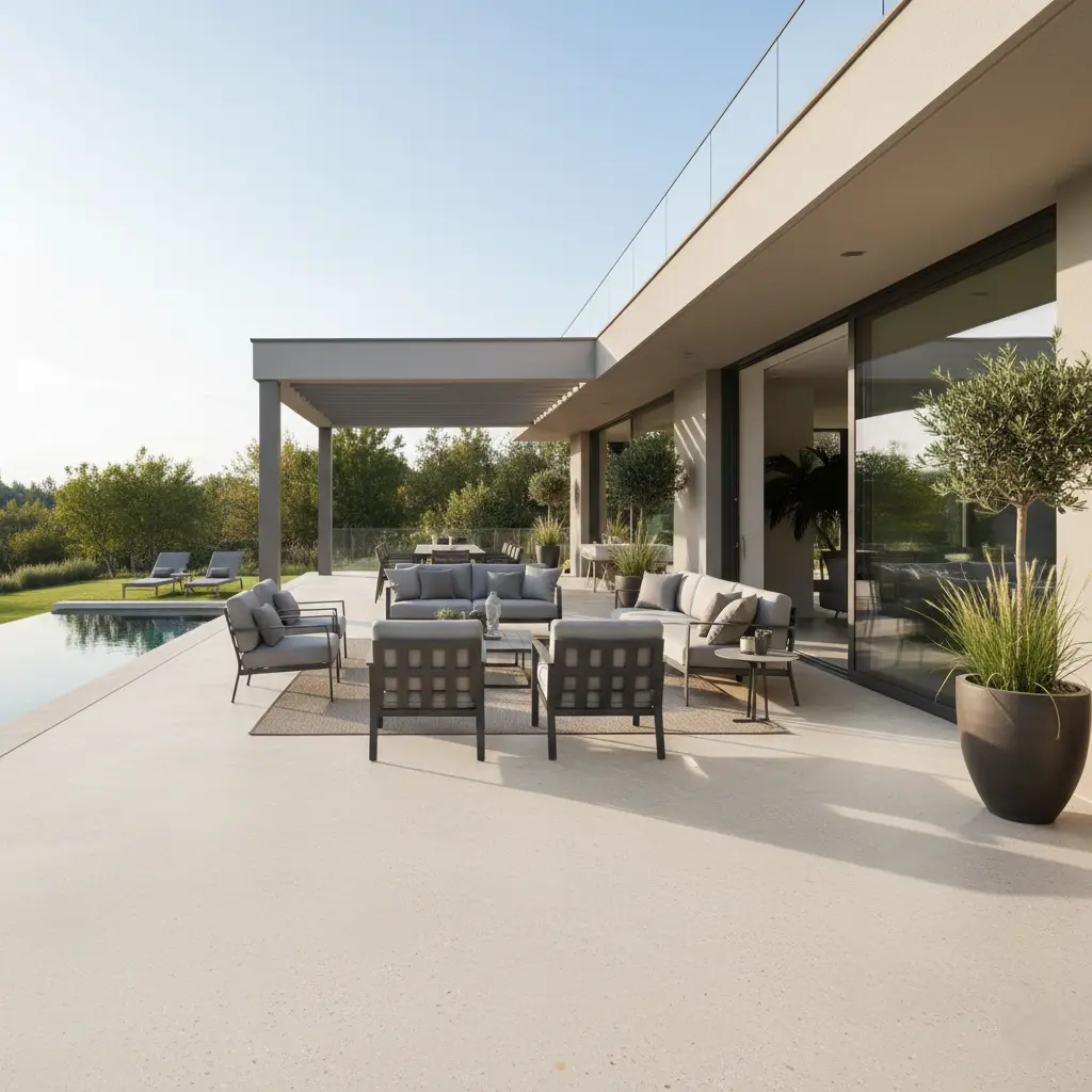 Sol en résine époxy antidérapant pour terrasse et plage piscine extérieure, maison dans les Alpes-Maritimes 06